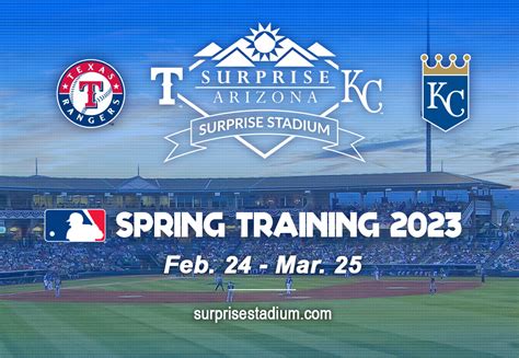 Mar 6, 2024 · Spring Training: Texas Rangers at Kansas City Royals Surprise Stadium tickets March 23rd, 2024 at 12:00am. A ticket to this thrilling live event averages at $42.06, but range between $12.56 - $247.20. Secure your place to this event today because there are only 1443 Spring Training: Texas Rangers at Kansas City Royals tickets still listed for ... 